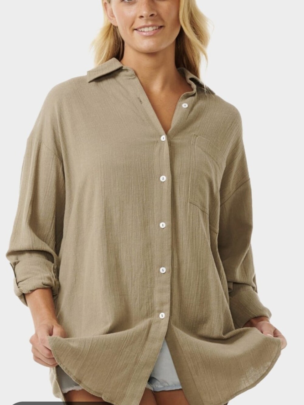 Rip Curl Oversized Olive Button-Up Roll Sleeve Shirt Linen Blend Size XS